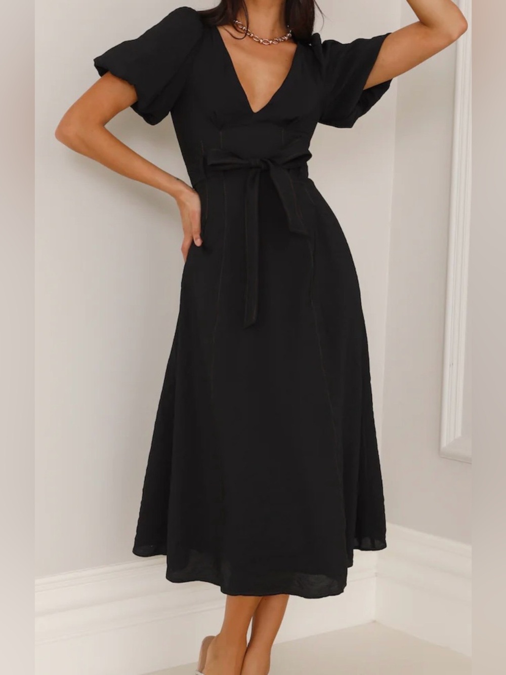 Hello Molly Not Of This World Black Puff Sleeve Belted Midi Party Dress XS